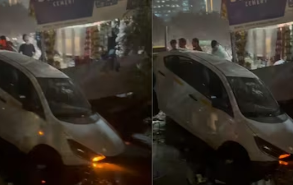 Car Plunges Into Open Drain in Noida, Narrow Escape