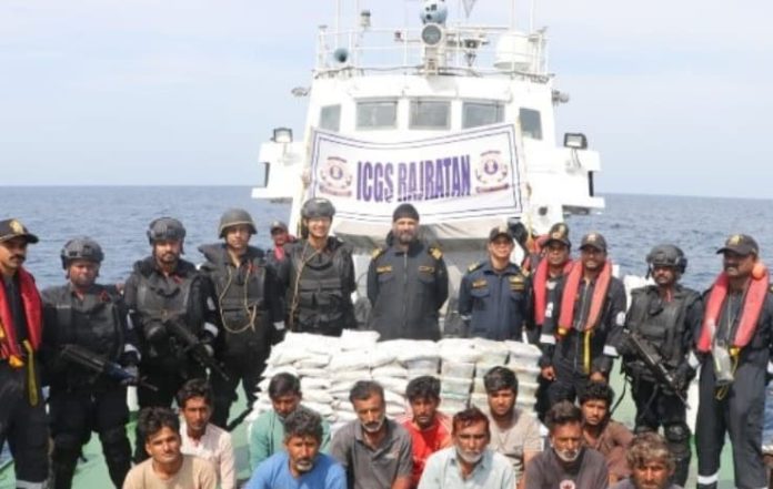 Indian Coast Guard (ICG) in collaboration with the Anti-terrorism Squad (ATS) and Narcotics Control Bureau (NCB), seized 86 kg of narcotics valued @ Rs 600 cr and apprehended 14 crew members from the Pakistani vessel in a meticulously planned anti-narcotics operation at sea on April 28, 2024. The ICG ship Rajratan, equipped with ATS and NCB officials, positively identified the suspect boat despite attempts to evade detection. The swift response of the Rajratan, supported by a fleet of ships and aircraft on concurrent missions, left no room for escape for the drug-laden vessel. The ship's specialist team embarked on the suspect boat and after thorough checks, confirmed the presence of a sizeable amount of narcotics. The crew and the vessel are currently being escorted to Porbandar for further investigation and legal proceedings. The jointness of ICG and ATS, which has led to eleven such successful law enforcement operations in the last three years reaffirms the synergy for national objectives.